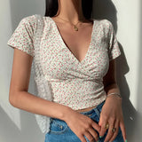 Zingj Floral Cross V-Neck Slim Short Crop Short-Sleeve T-Shirt Women's Top 2024 Summer New