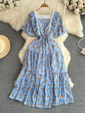 Women Floral Lace Midi Dress Vintage Square Collar Short Sleeve High Waist A-Line Slim Flower Printed Vestidos