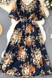 Women Floral Dress Vintage Red/Blue/Pink/White Sexy V-Neck Short Flare Sleeve High Waist Elegant A-Line Vestidos 2023