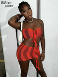 Crochet Striped 2 Piece Set Women Summer Halter Bandage Wrapped Chest Crop Tops+Skirts Vacation Party Clubwear
