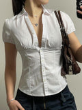 White Slim Waist Short Sleeves Shirts- Outfit