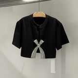 Simple Diamond Bow Bow Short-Sleeved T-Shirt 2025 New Trendy Niche Girl Open Fork Blouse Autumn And
