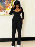Zingj Women's Fall New Solid Color Simple Long Sleeve Shawl Jumpsuit Fashion Slim