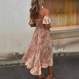 Women's Clothing New Printing To Take Short-Sleeved Lotus Leafy Skirt One-Word Shoulder Fashion Women