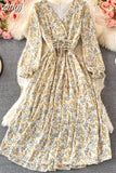 Autumn Women Floral Chiffon Midi Dress Vintage V-Neck Flare Long Sleeve High Waist A-Line Vestidos Female New
