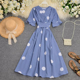 Zingj Big Wave Point Foreign Air Horn Short Sleeve Temperament V Neck Tie Closed Waist Show Thin Long Dress Female Summer
