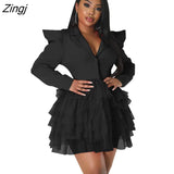 Sexy Bodycon Dress Mesh Hem Deep V Puff Long Sleeve Dresses for Women Autumn Winter Birthday Party