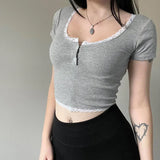 Zingj Desire Girl Wind Lace Splice Collision Color Pit Short-Sleeved T-Shirt Breasoned Slim Crop