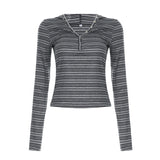 Style Stripe Buckle V-Neck Knitted Knitting Top In Autumn And Winter Casual Bottom With Long-Sleeved