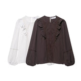 New Fashion Temperament Women's Pure Color Flower Embroidery Shirt