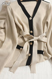 Korean Chic French Office Lady V-neck Dresses for Women Party Single Breasted Tie Waist Cardigan Knitting Woman