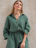 Women's 2 Piece Casual Outfits Loungewear Set Loose Comfy Long Sleeve Button Down Shirt + Elastic Waist Mini Shorts