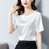 Women's Blouse Satin O-Neck Short shirts Pretty and Cheap White Print Silk Fashion Women Blouses 2023 Elegant Summer Female