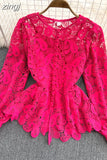 Red Hollow Out Blouse Women Vintage Elegant Round Neck Lantern Long Sleeve Single Breasted Shirt New
