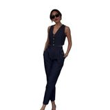 Zingj Summer New Solid Color Clap Buckle Design Vest Casual Pants Two Sets Of Women-Outfit
