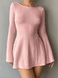 Backless Knitted Long Sleeve Mini Dress- Outfit