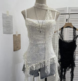 Lace Splicing Irregular Lotus Leaf Edge Ribbon Sling Vest Round Neck Sexy Sleeveless Top