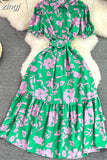 Vintage Women Printed Long Dress Elegant Turn-Down Collar Single Breasted Short Sleeve High Waist A-Line Maxi Vestido