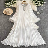 Elegant Dress Women's Autumn 2025 New Heavy Industry Diamond-Strowing Round Collar Loose Hair Splicing 100-Folded Long