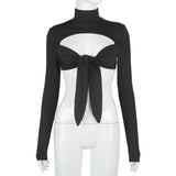 2023 Sexy Women Long Sleeve Turtleneck Black Crop Tops Bodycon Hollow Out Lace-up Bowknot T-shirts