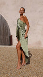 Zingj Years Sexy Inclined Shoulder Closed Waist Lace Satin Lantern Sleeve Dress Women's