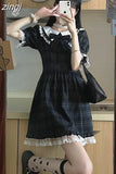 Japan Sweet Bow Jk Women Plaid Dress Chic Lace Patchwork A Line Sexy Dress Summer Preppy Style Student Puff Sleeve