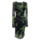 Vintage Tie-Dye Printing Irregular Folded Mesh Yarn Body-Body-Sleeve Dress