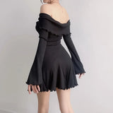 Zingj Winter New Women's Sweet Sexy Pure Desire Slim Thread One Word Shoulder Long Sleeve