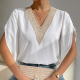 Hollow Summer Shirts V-neck Lace Chiffon Blouses Woman Petal Short Sleeve Tops 2023 Office Lady Para Mujer Elegant