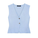 Summer New Temperament Fashion V-Neck Sleeveless Single-Claw Buckle Solid-Colored Vest Vest Women