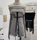 Picts Single-Layer Mesh Yarn Micro-Sleeved T-Shirt Word Shoulder-Pollid Letter Open Fork Top