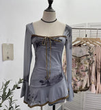 Spring And Summer New French Style Tie Dyed Horn Long-Sleeved Lace Side Design T-Shirt