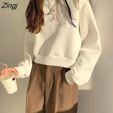 No Hat Hoodies Women Sweet Student Baggy Ulzzang Female Harajuku Streetwear All-match Vintage Elegant Cropped Cozy