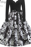 Women Halloween Christmas Party Dress Long Sleeve V Neck Pumpkin Print Vintage Casual A-line Dresses Vestidos