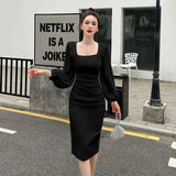 Women Spring Square Collar Sexy Party Dress Split Lantern Sleeve OL Sheath Female Bodycon