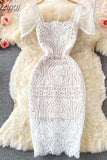 Women Lace Bodycon Mini Dress Sexy Square Collar Mesh Short Sleeve High Waist Party Vestidos Female White Robe 2023