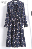 Women Dress Spring Autumn Long Sleeve Floral Print Bow Collar Chiffon Dress Elegant A-line Midi Winter Dress Vestidos Robe