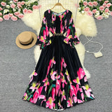 Zingj New Women's Dress Oversized Skirt Print Pleated Waist Lace Holiday