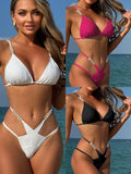2025 New Solid Color Creative Splicing Pearl Flower Accessories Sexy Split Swimsuit Bikini