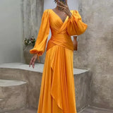 Zingj Summer New Cross Close Waist Fold Long Sleeve Temperament Show Thin Dress-Outfit