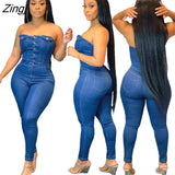 Casual Strapless Cotton Bodycon Jean One Piece Long Jumpsuit 2023 Denim Playsuit Women Jeans Woman Romper