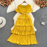 Beach Long Dress Women Elegant V-Neck Short Sleeve Cascading Ruffles Big Swing Vestidos Female Red/Green/Pink Maxi