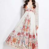 Holiday Style Dress Women's Spring Court Deep V-Neck Lace Horn Sleeve Single Buckle Print
