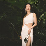 Zingj Ins Spring Burst Sexy Hot Girl Oblique Shoulder Fake Two Slim Hollow High Waist Slit