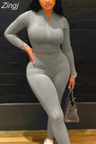 Casual Two Piece Set Women Clothing Solid Long Sleeve Zipper Crop Top Pencil Pants Matching Fall 2023 Fitness