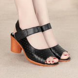 Sandals Women 2025 Summer New Leather Face Hollow Coarse Heel Cave Sandals Breathable External Wear Women's Shoes