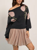 And Winter 2025 New One-Word Flower Tie Brae Sweater Female Korean Version Of Loose Leisure Lazy
