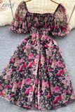 Square Collar Mesh Chiffon Mini Dress Women Floral Short Puff Sleeve High Waist A-Line Vestidos Female Beach New