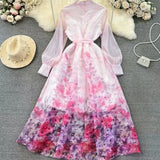 French Retro Collar Long Sleeves Chopped Flower And Chiffon Dress Women's Spring And Autumn New Lace-Up Long