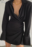 Fashion Asymmetrical Long Sleeve V Neck Black Dress Women Wrap Ruched Solid Shirt Dress Sexy Mini Ladies Elegant
